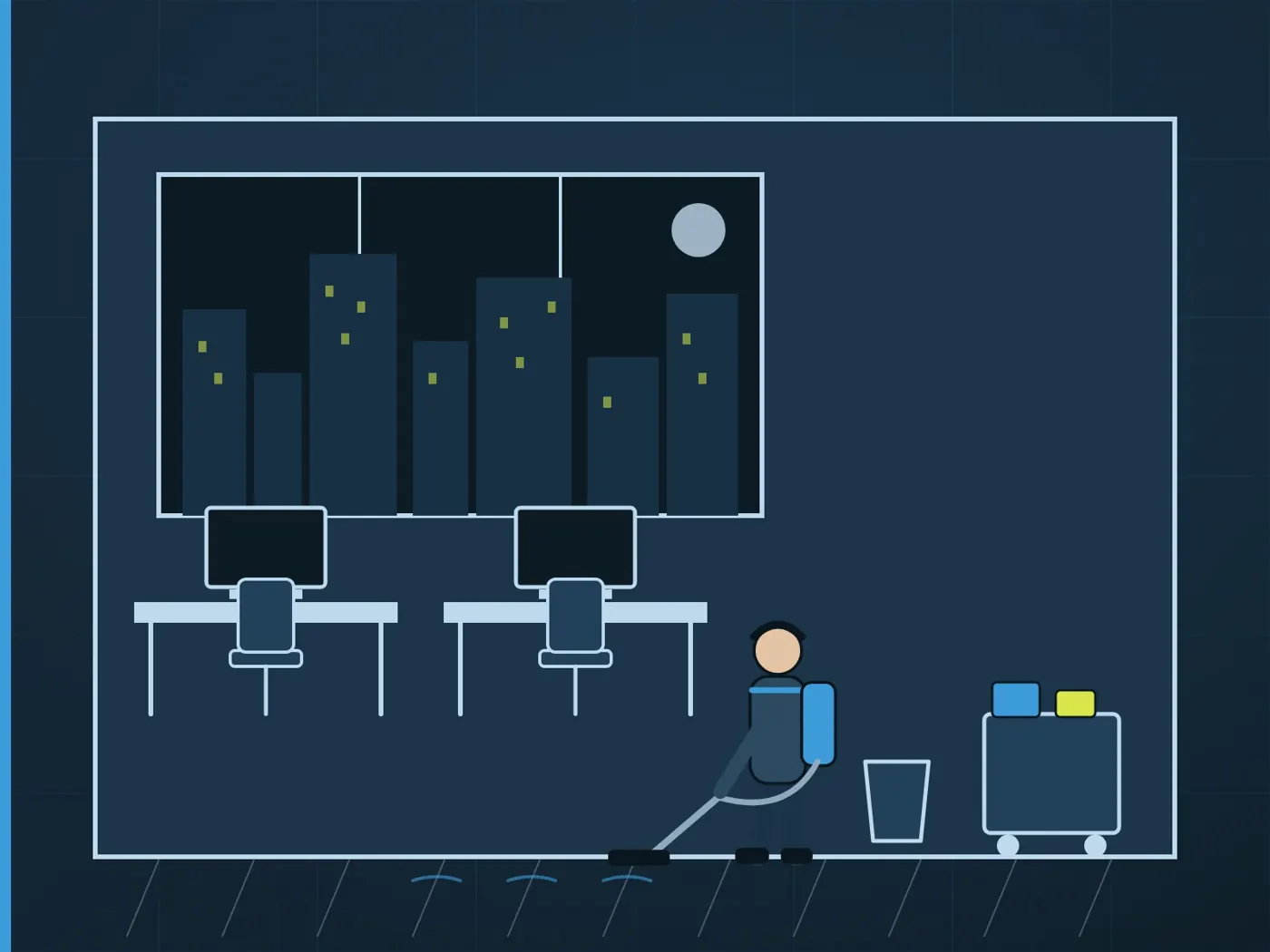 Illustration: after-hours office cleaning, a cleaner vacuuming between desks with the city lights outside