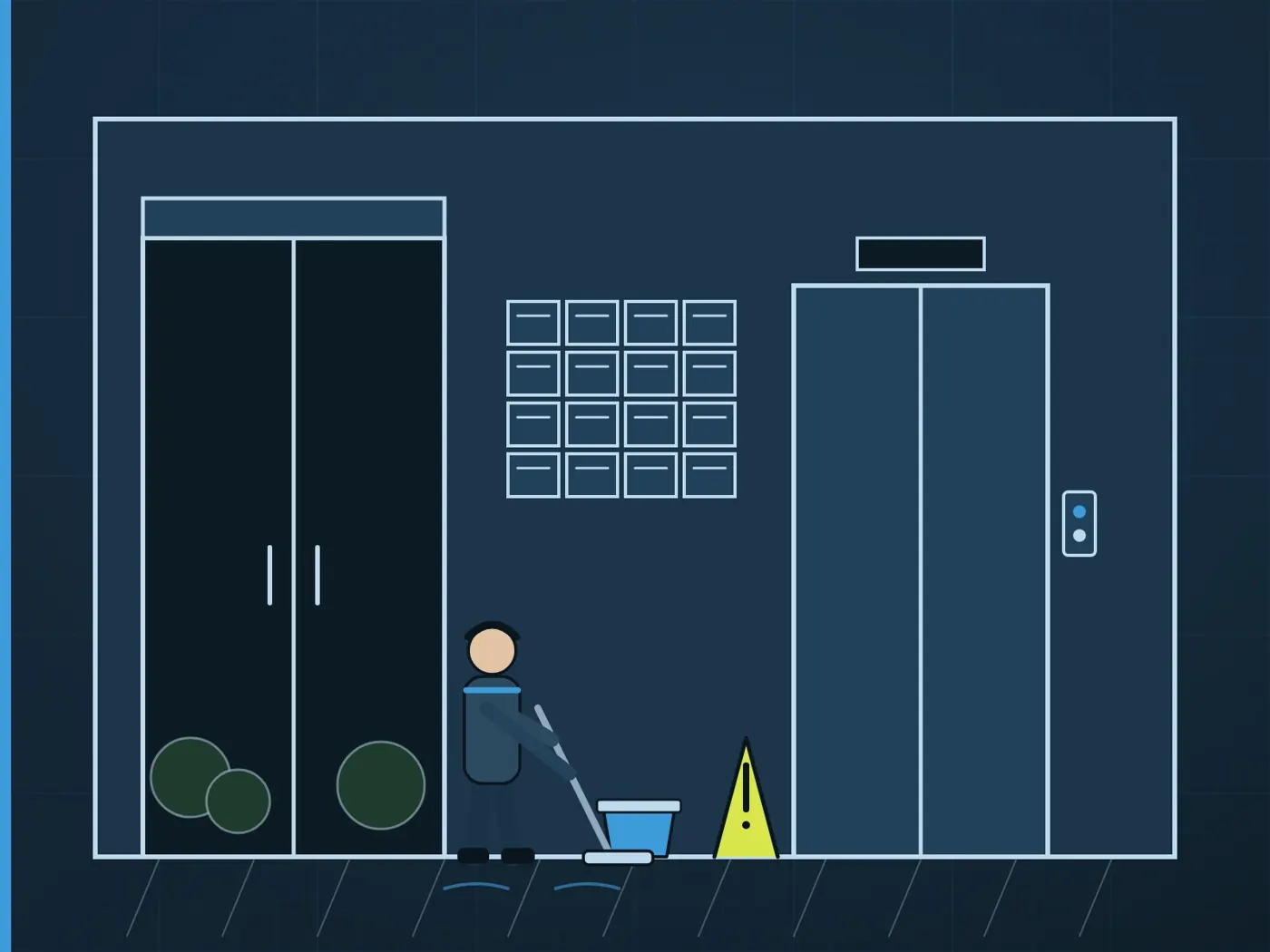 Illustration: strata common area cleaning, a cleaner mopping an apartment lobby beside the letterboxes and lift