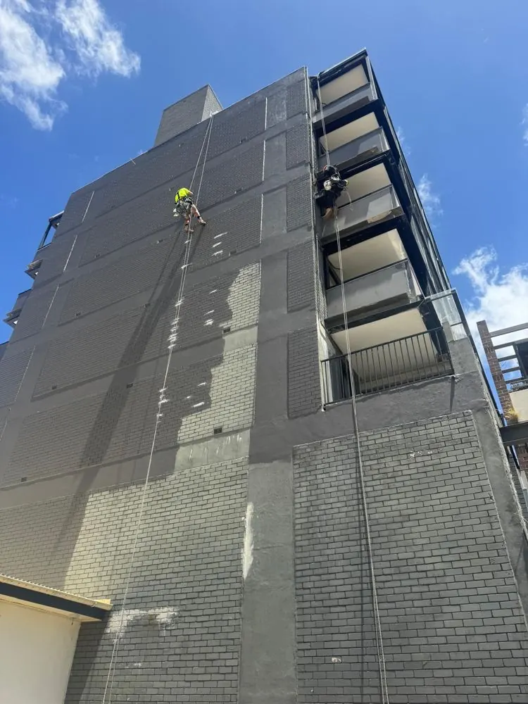 Technicians on separate ropes repainting the brick elevation of a Randwick tower